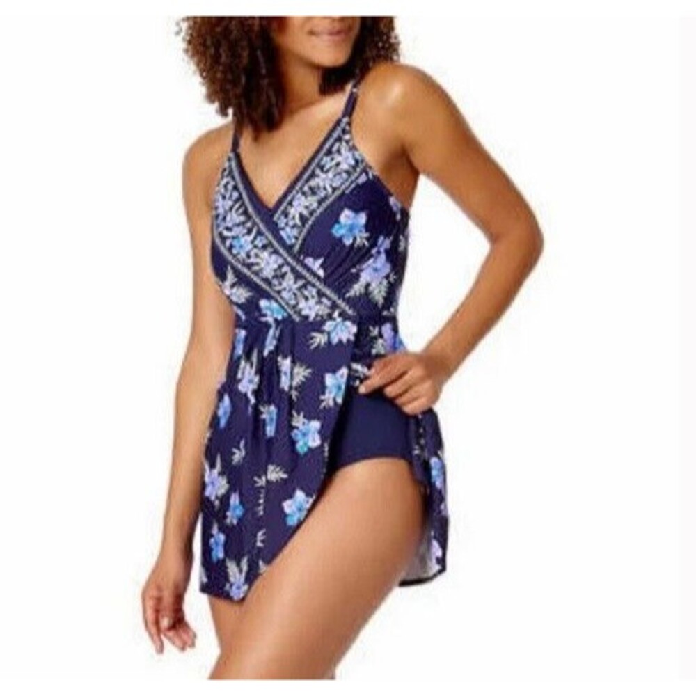 NWT Lands' End  UPF50 Tulip Wrap Swim Dress Convertible Straps Lined, Navy
